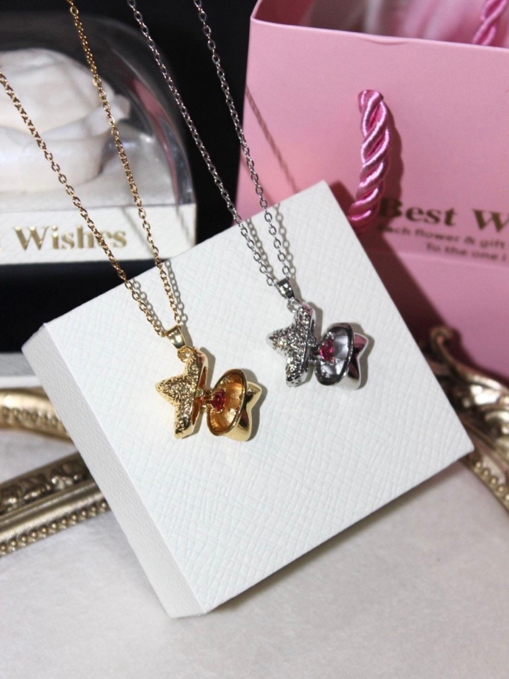 Boutine LA Gold & Silver Star and Heart Pendant Necklace with Pink Crystal